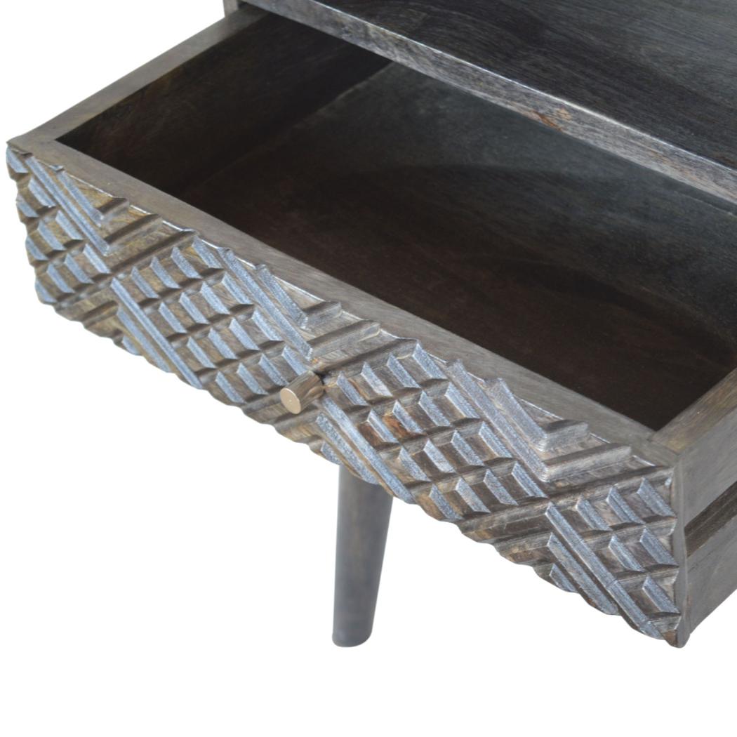 Carved Drawer Bedside Table | Solid Mango Wood | Ash Black Finish | Compact Storage