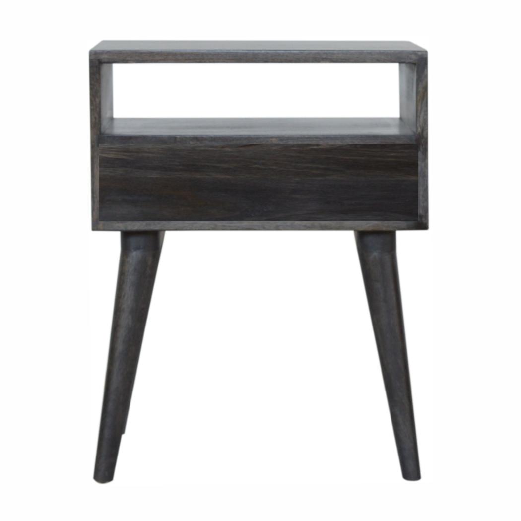 Carved Drawer Bedside Table | Solid Mango Wood | Ash Black Finish | Compact Storage