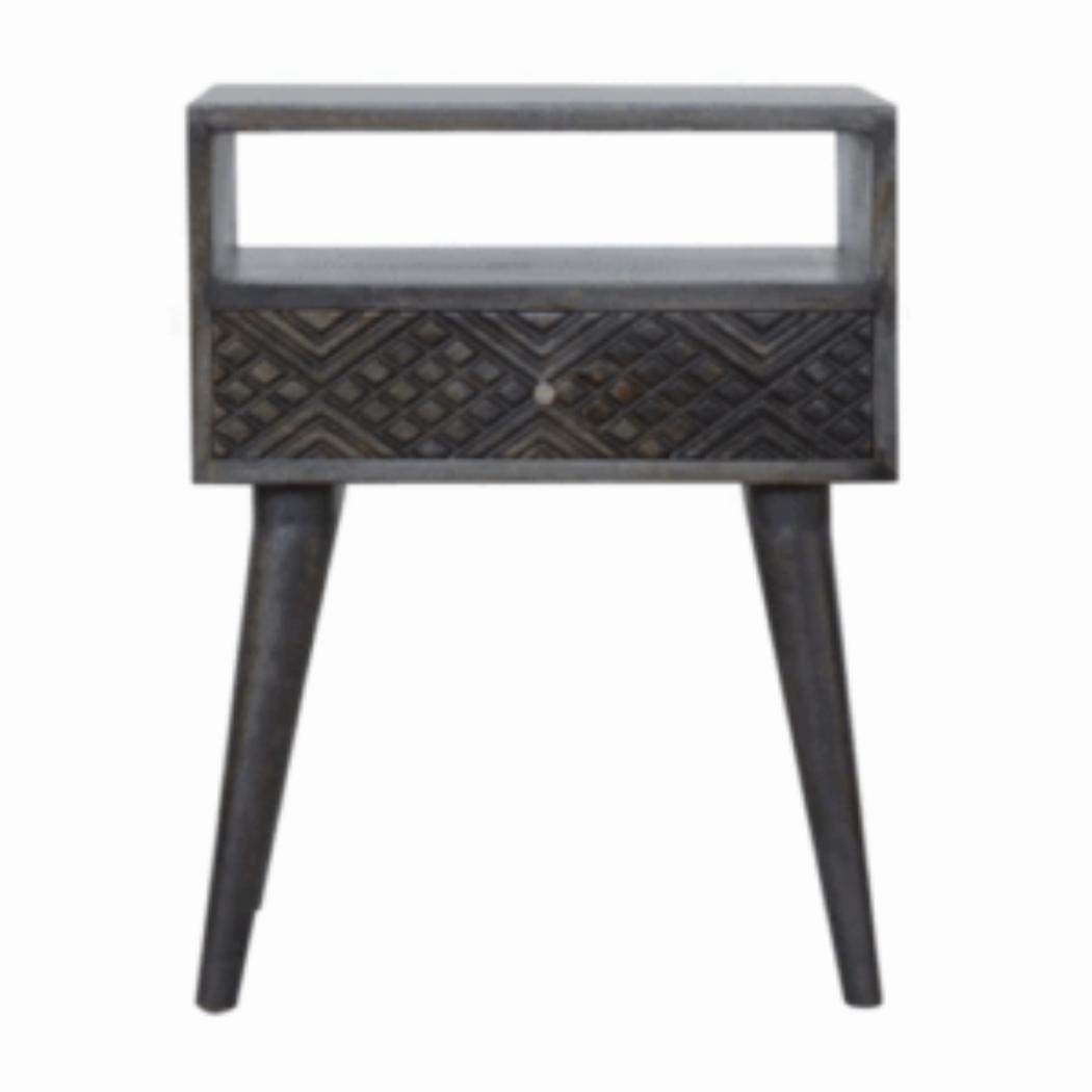 Carved Drawer Bedside Table | Solid Mango Wood | Ash Black Finish | Compact Storage
