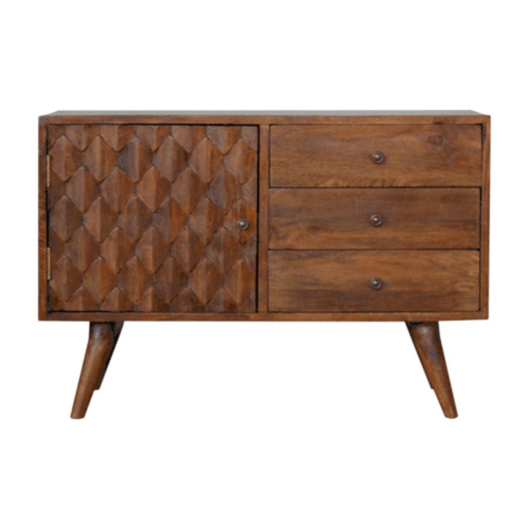 Carved Sideboard | Solid Mango Wood | Chestnut Finish | Statement Storage Cabinet