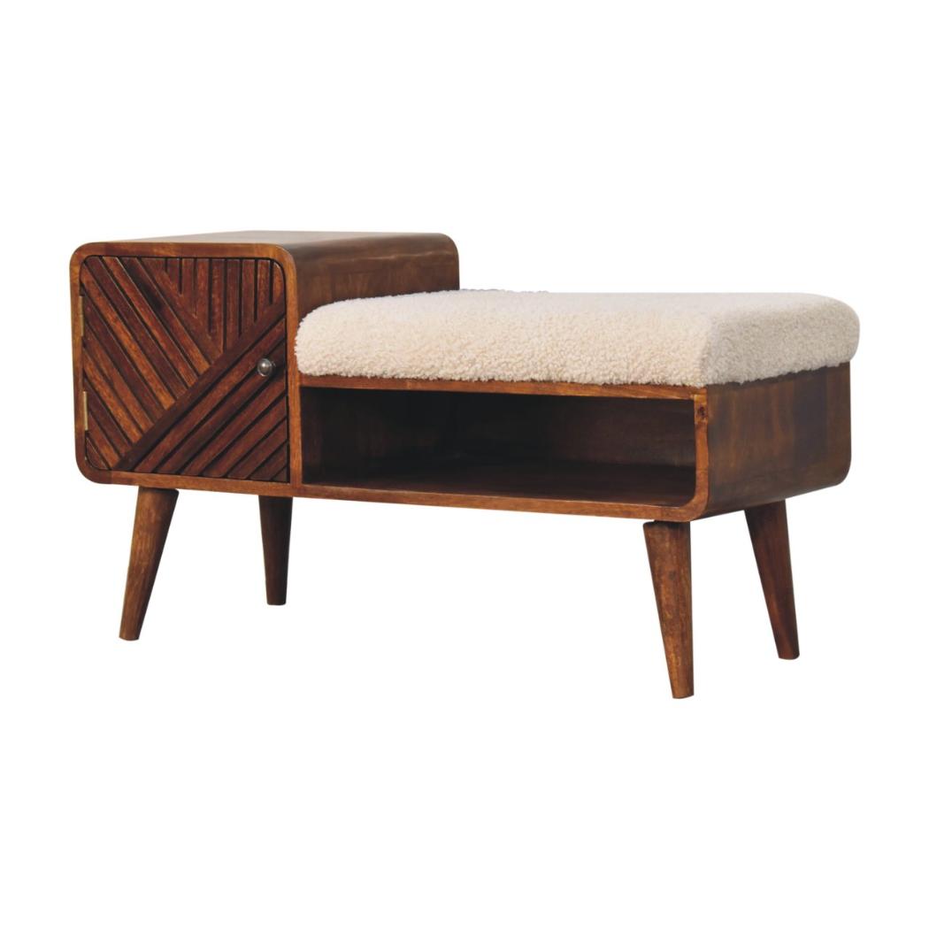 Carved Telephone Table | Chestnut Finish | Bouclé Accent