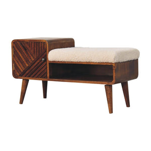 Carved Telephone Table | Chestnut Finish | Bouclé Accent