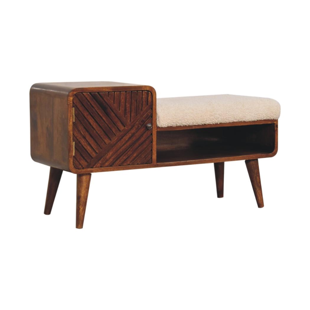 Carved Telephone Table | Chestnut Finish | Bouclé Accent