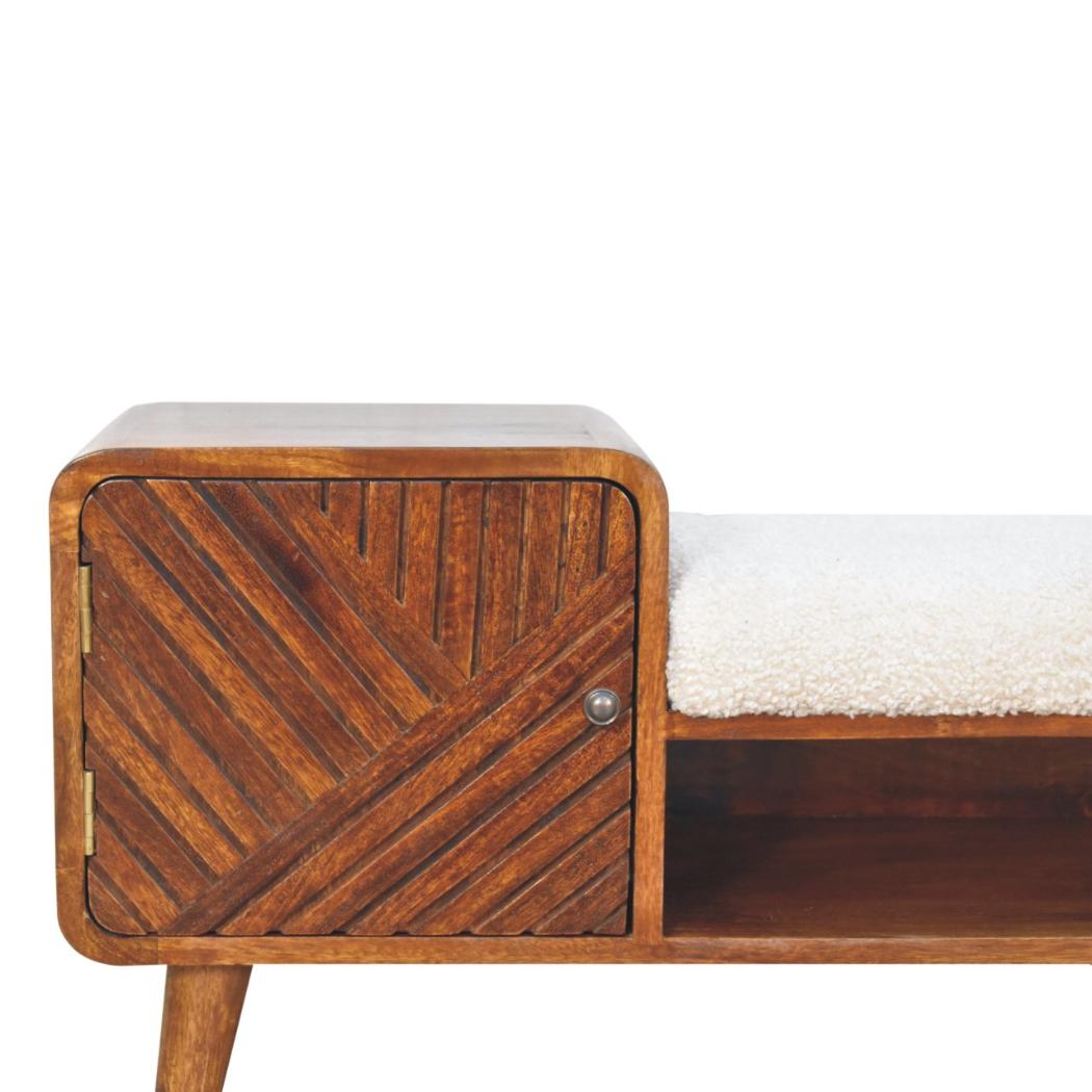 Carved Telephone Table | Chestnut Finish | Bouclé Accent