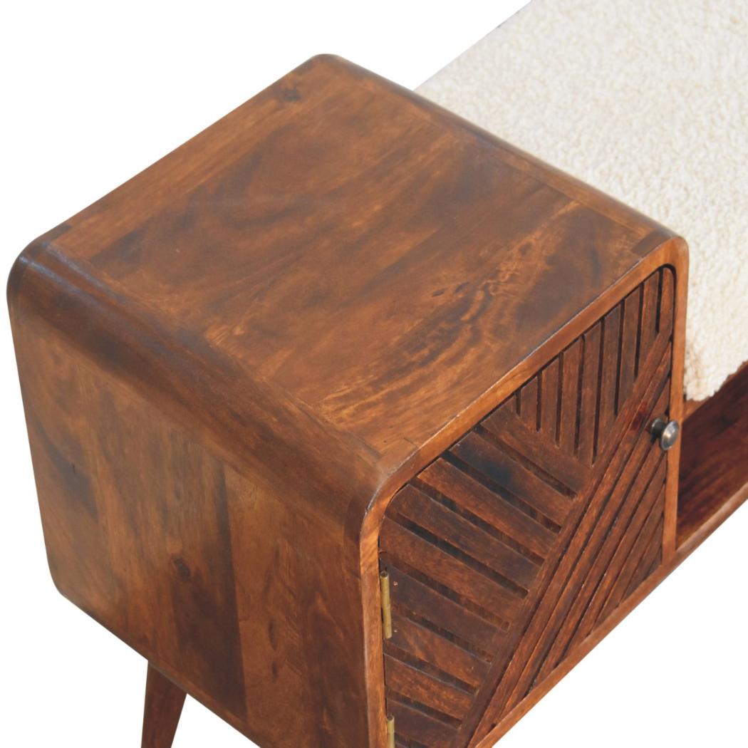 Carved Telephone Table | Chestnut Finish | Bouclé Accent