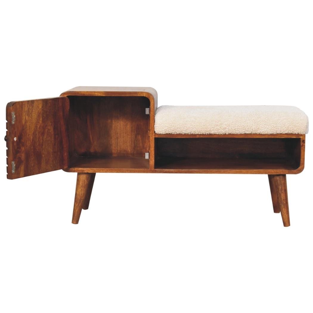 Carved Telephone Table | Chestnut Finish | Bouclé Accent