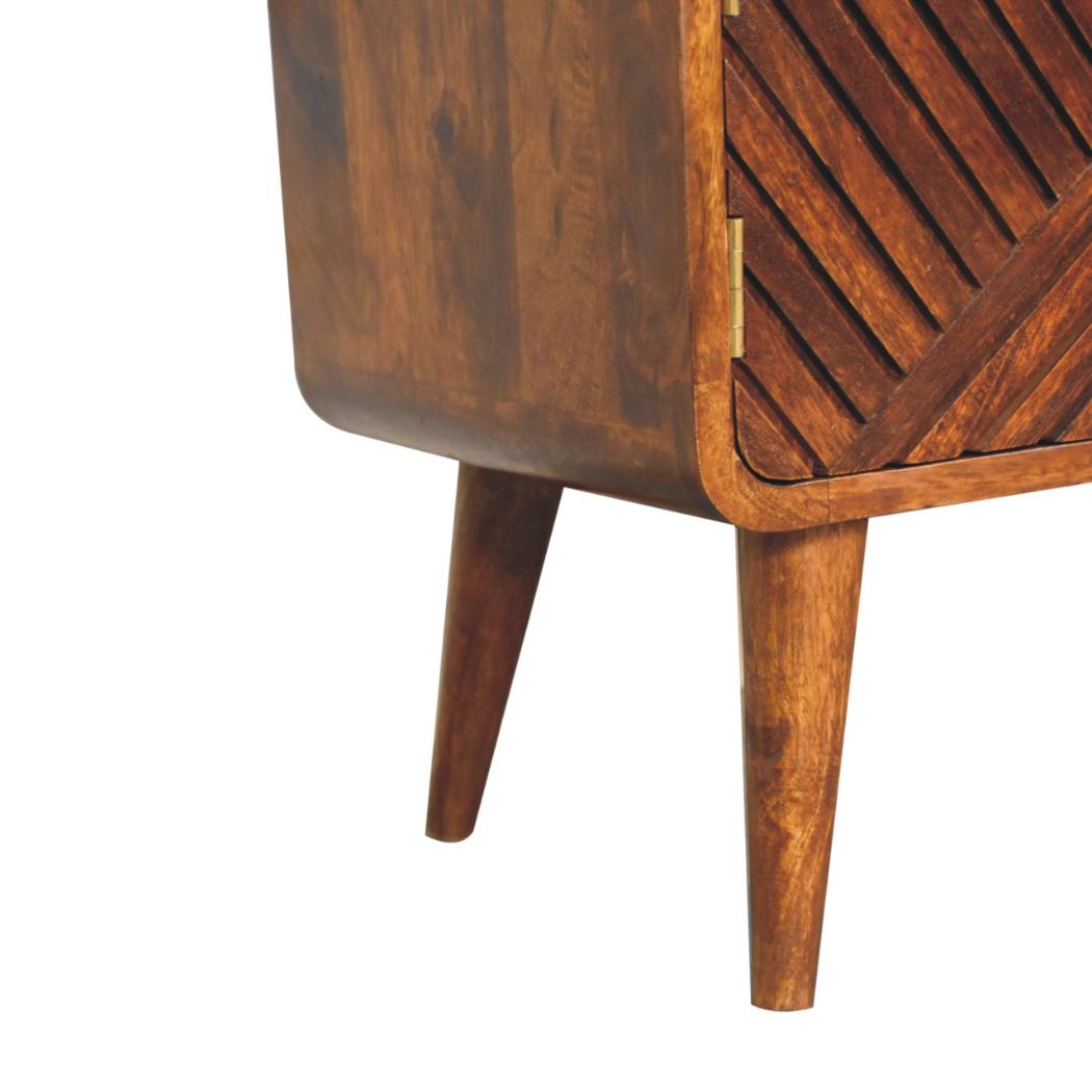 Carved Telephone Table | Chestnut Finish | Bouclé Accent