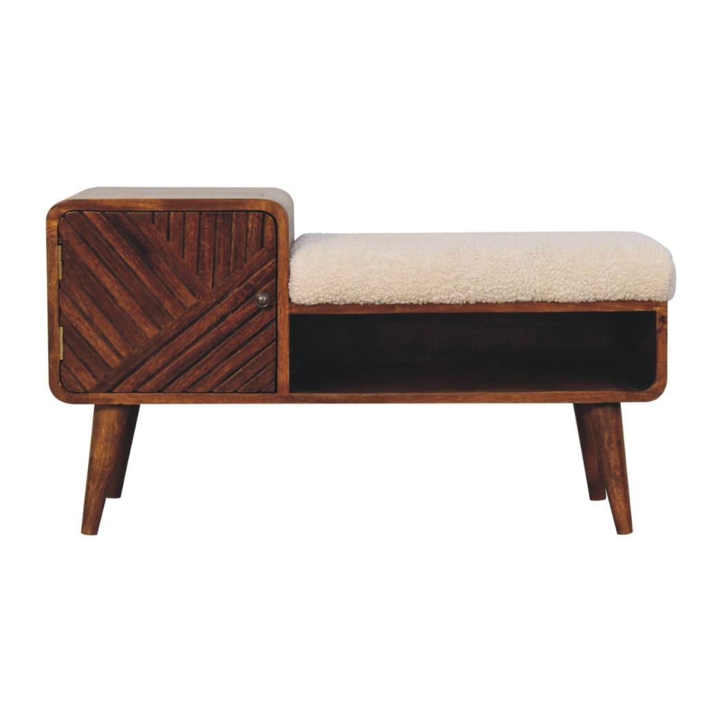 Carved Telephone Table | Chestnut Finish | Bouclé Accent