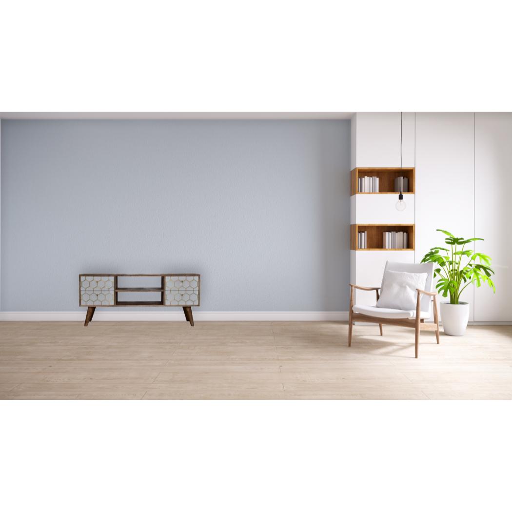 Cassia Honeycomb Media Unit | Solid Mango Wood | Oak Finish | White Brass Inlay Drawers