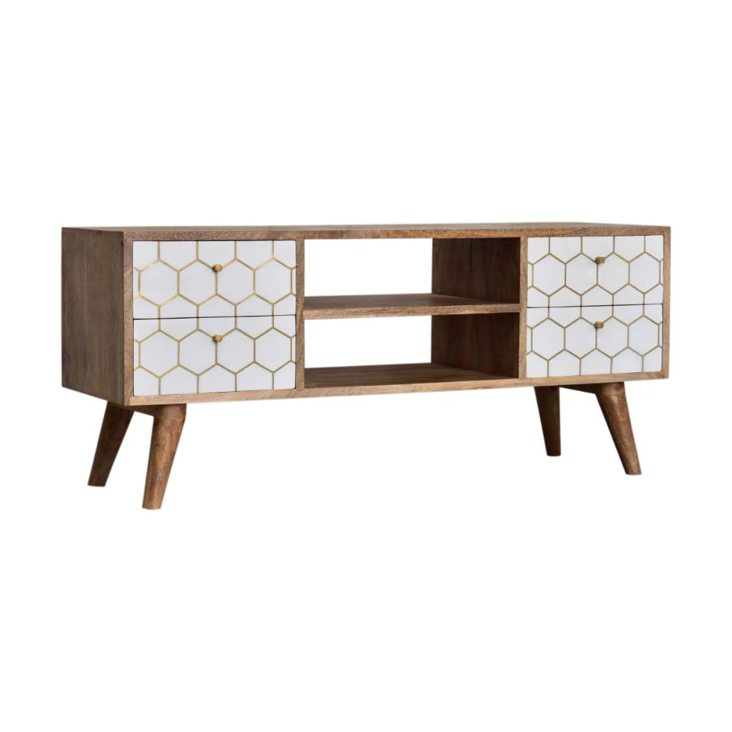 Cassia Honeycomb Media Unit | Solid Mango Wood | Oak Finish | White Brass Inlay Drawers