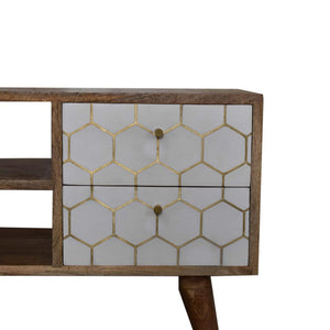 Cassia Honeycomb Media Unit | Solid Mango Wood | Oak Finish | White Brass Inlay Drawers