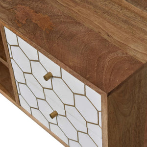 Cassia Honeycomb Media Unit | Solid Mango Wood | Oak Finish | White Brass Inlay Drawers