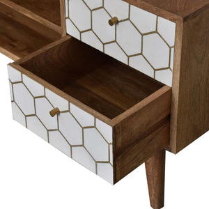 Cassia Honeycomb Media Unit | Solid Mango Wood | Oak Finish | White Brass Inlay Drawers