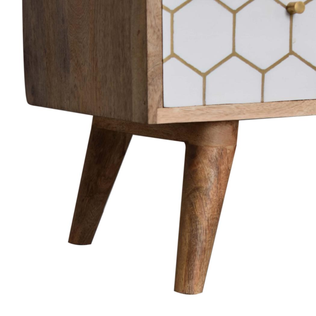 Cassia Honeycomb Media Unit | Solid Mango Wood | Oak Finish | White Brass Inlay Drawers