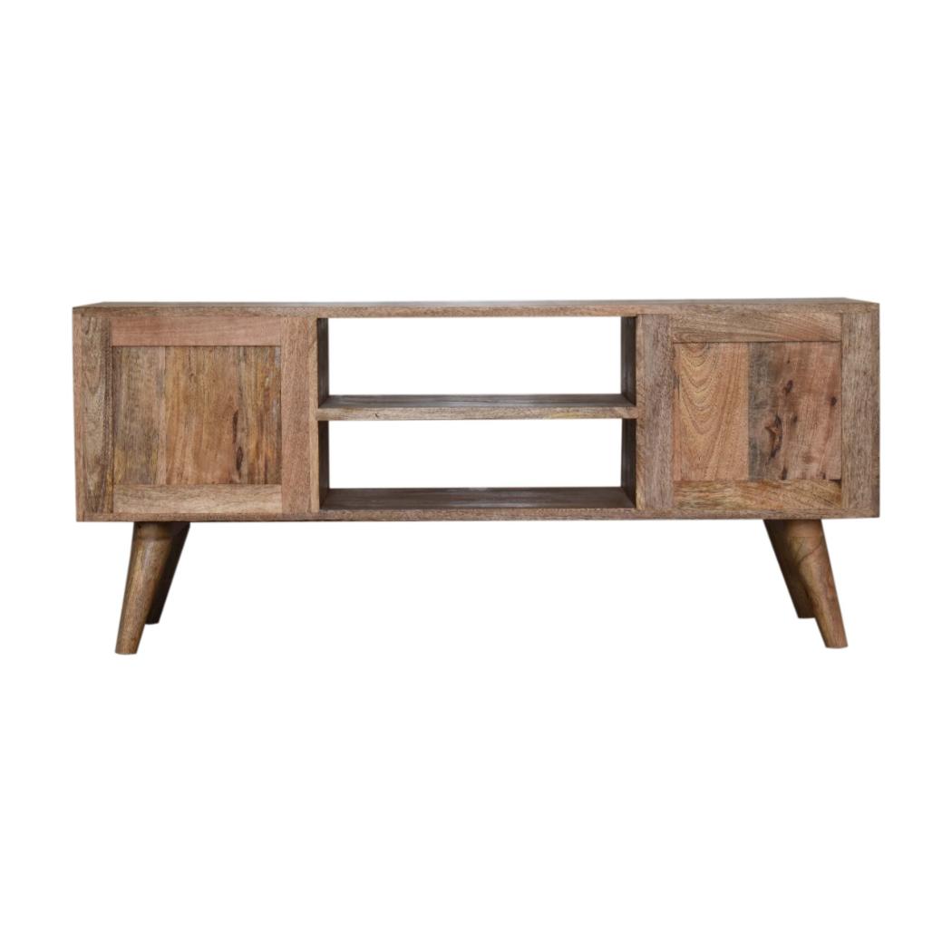 Cassia Honeycomb Media Unit | Solid Mango Wood | Oak Finish | White Brass Inlay Drawers
