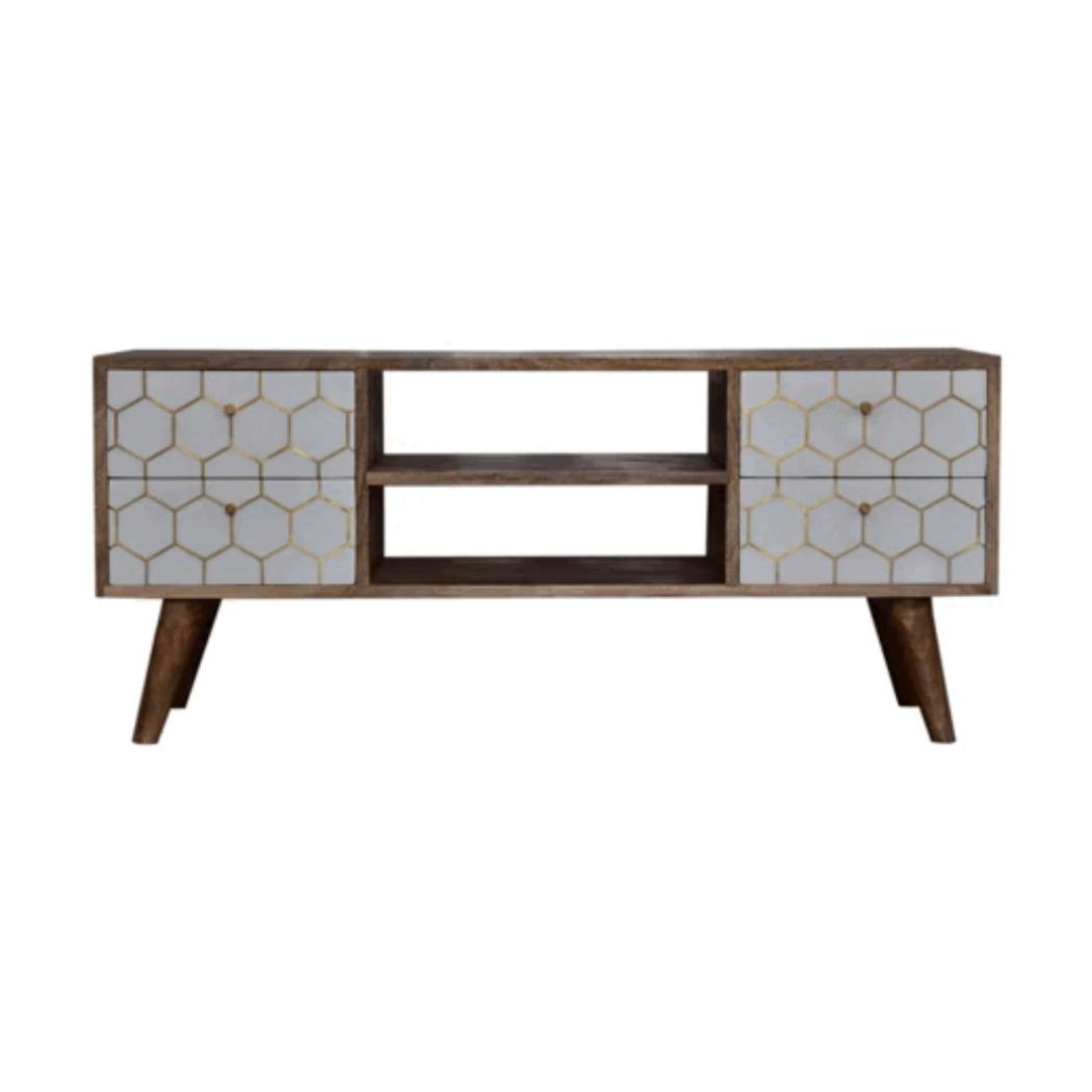 Cassia Honeycomb Media Unit | Solid Mango Wood | Oak Finish | White Brass Inlay Drawers