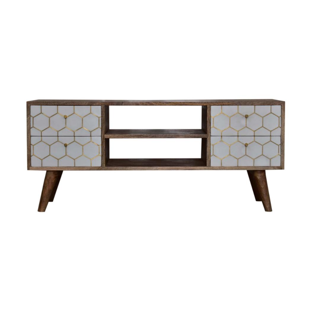 Cassia Honeycomb Media Unit | Solid Mango Wood | Oak Finish | White Brass Inlay Drawers