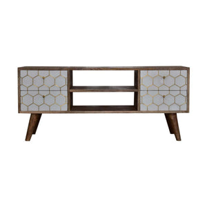 Cassia Honeycomb Media Unit | Solid Mango Wood | Oak Finish | White Brass Inlay Drawers
