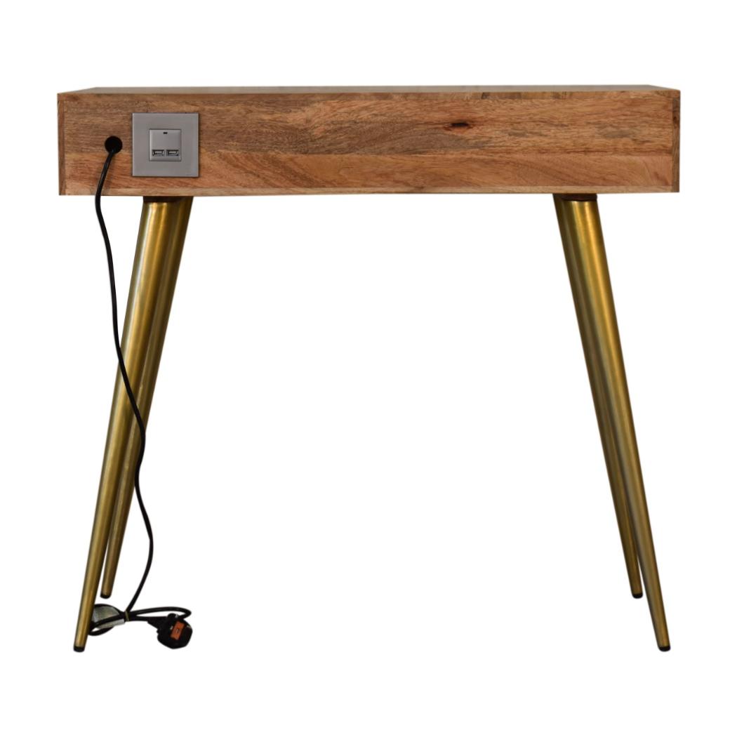 Cement Brass Cable Writing Desk | Solid Mango Wood | Grey & Gold Finish | 1 Drawer & Open Shelf