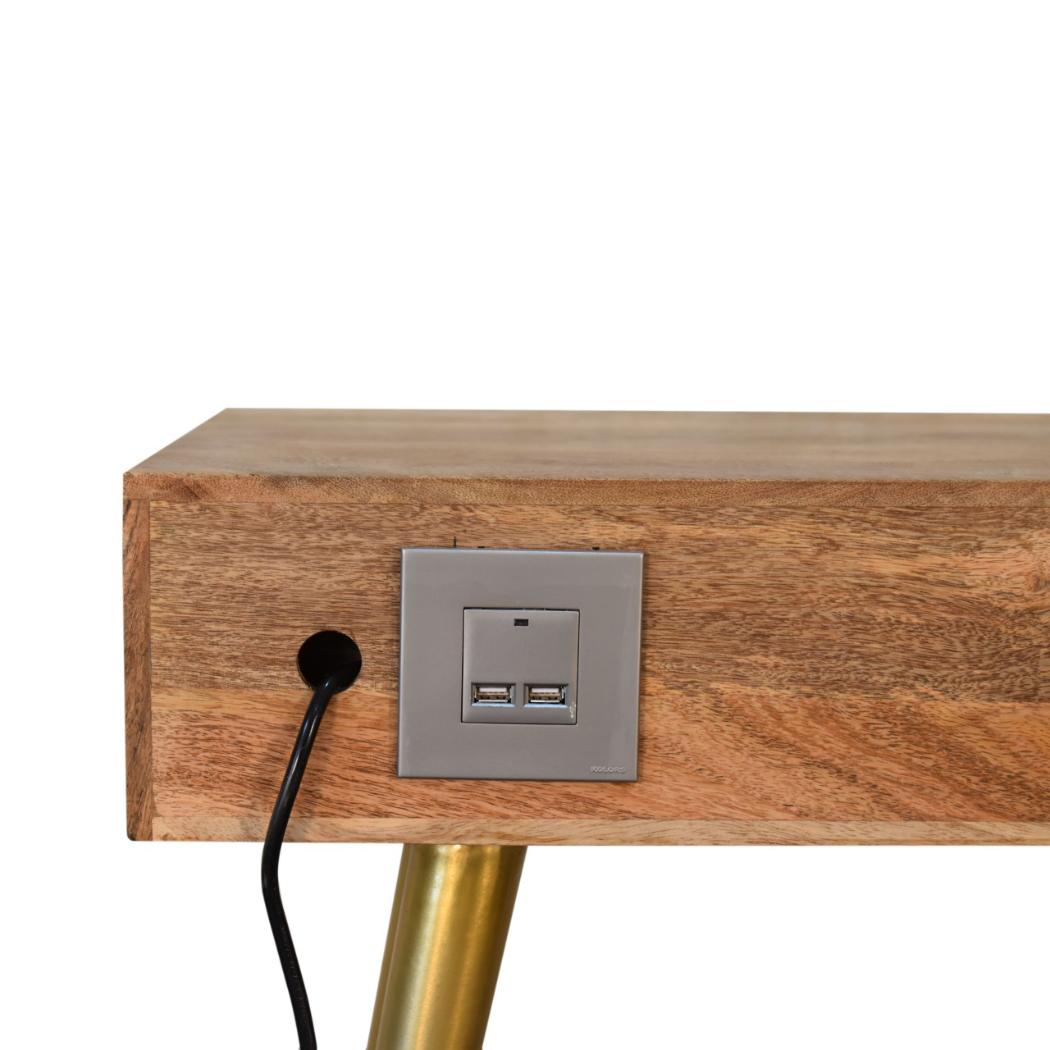 Cement Brass Cable Writing Desk | Solid Mango Wood | Grey & Gold Finish | 1 Drawer & Open Shelf