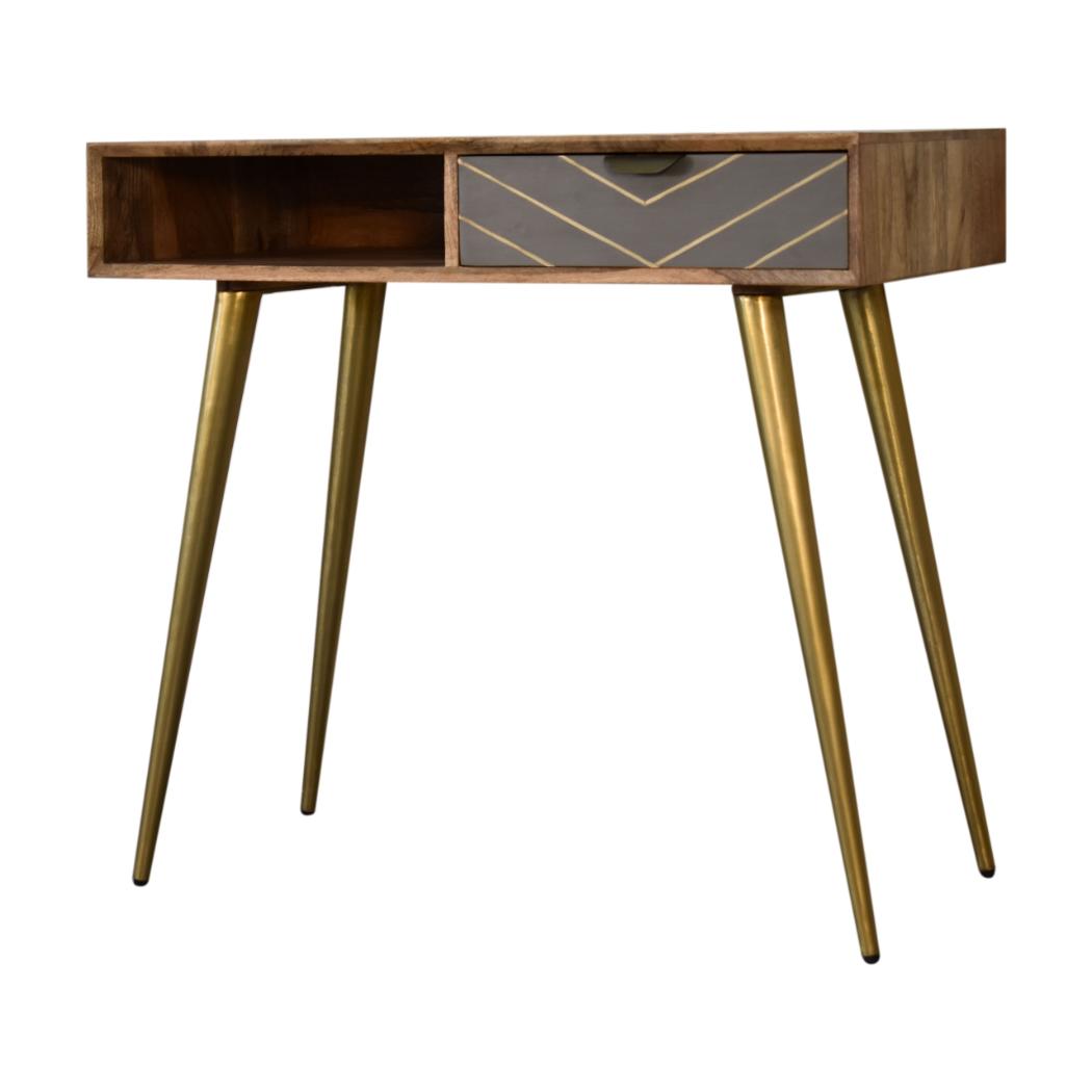 Cement Brass Cable Writing Desk | Solid Mango Wood | Grey & Gold Finish | 1 Drawer & Open Shelf