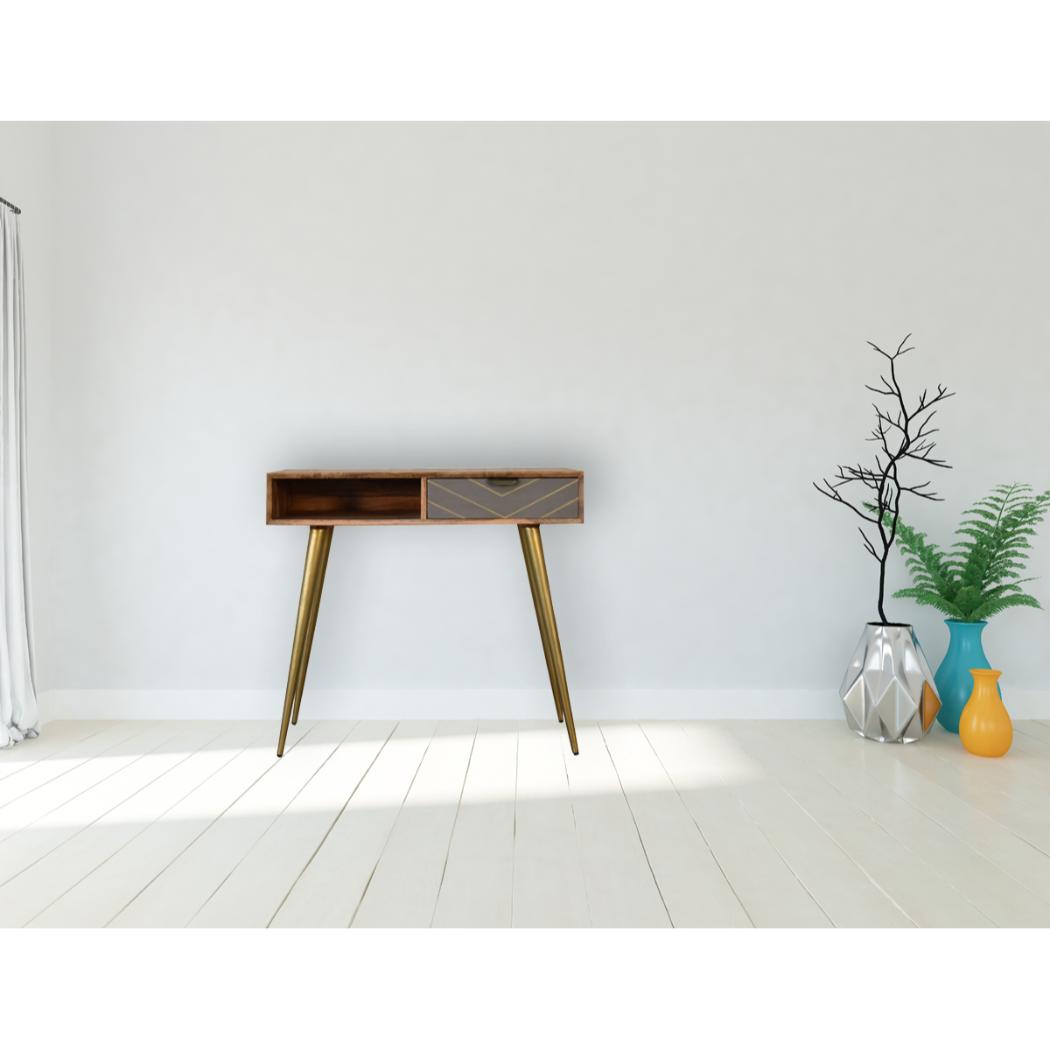 Cement Brass Cable Writing Desk | Solid Mango Wood | Grey & Gold Finish | 1 Drawer & Open Shelf