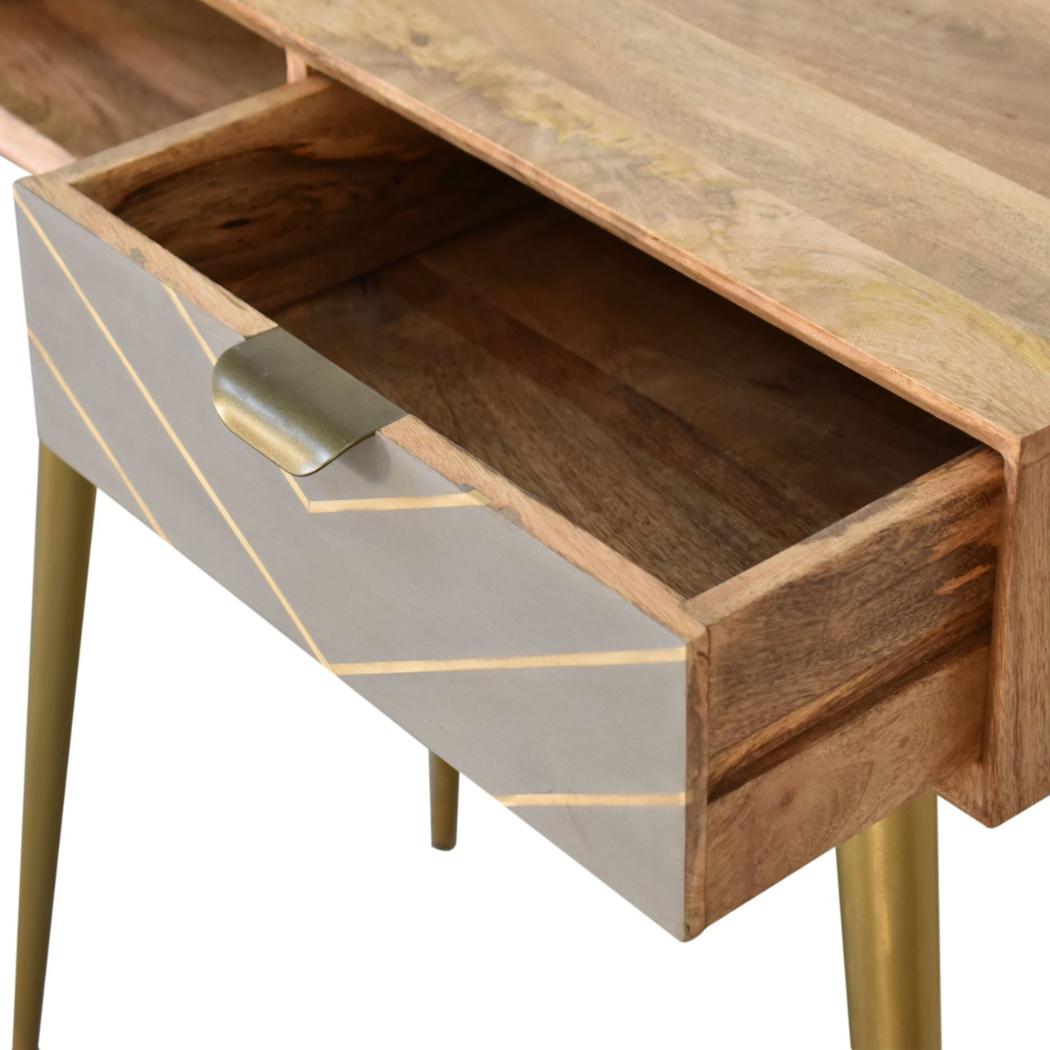 Cement Brass Cable Writing Desk | Solid Mango Wood | Grey & Gold Finish | 1 Drawer & Open Shelf