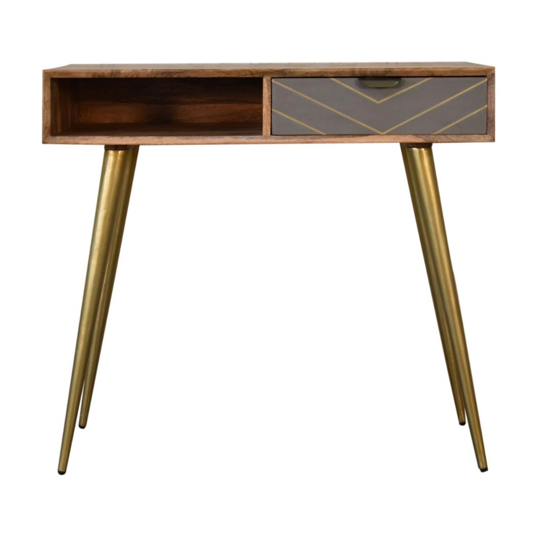 Cement Brass Cable Writing Desk | Solid Mango Wood | Grey & Gold Finish | 1 Drawer & Open Shelf