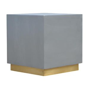 Cement-Effect Mango Wood Footstool | Brass-Finish Base