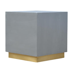 Cement-Effect Mango Wood Footstool | Brass-Finish Base