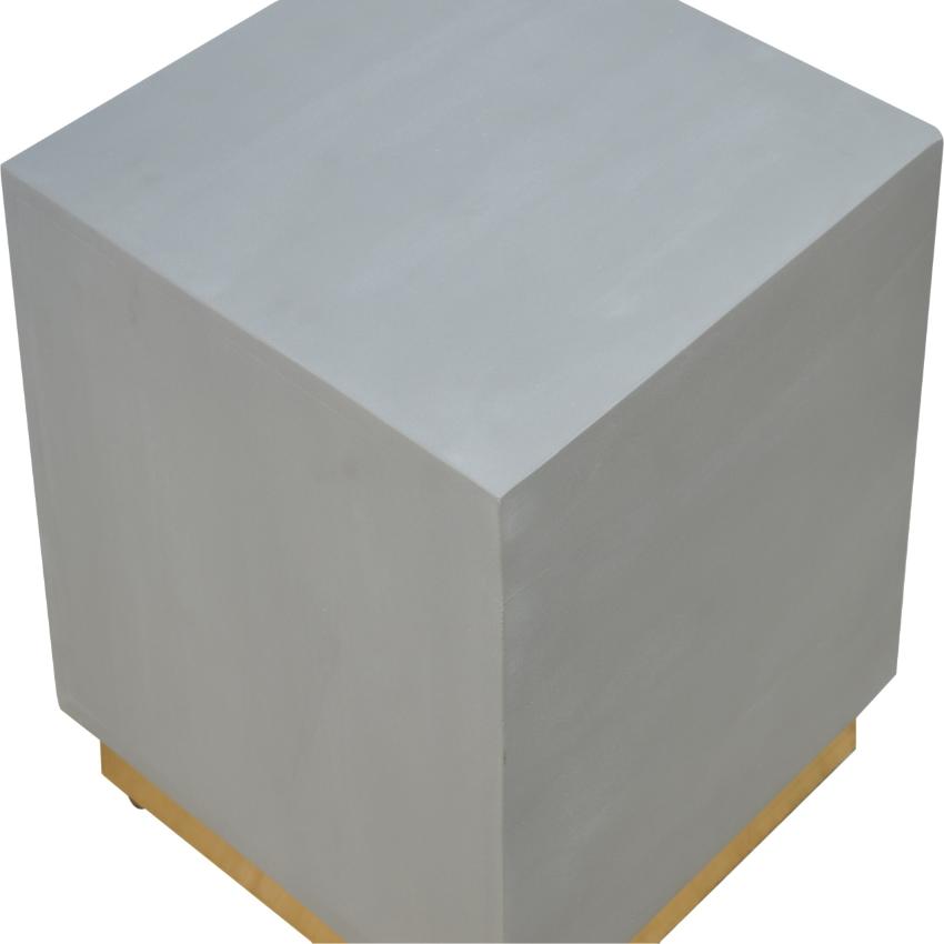 Cement-Effect Mango Wood Footstool | Brass-Finish Base