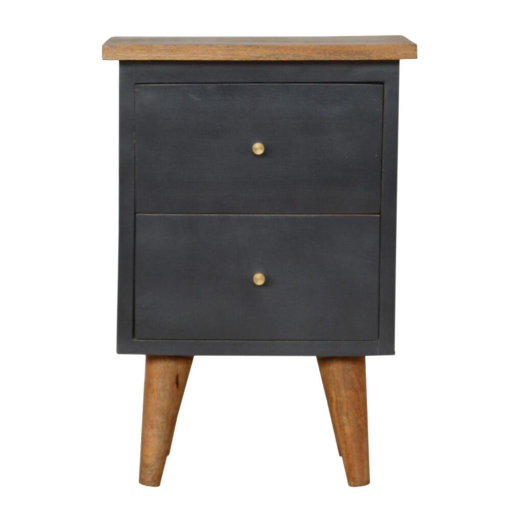 Charcoal Black Hand-Painted Bedside Table | Solid Mango Wood | Artisan Pattern | Bedroom Storage