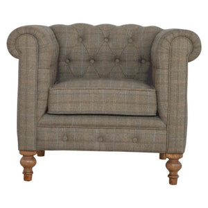 Chesterfield Armchair | Multi Tweed Fabric | Solid Mango Wood Legs | Country Style Lounge Chair
