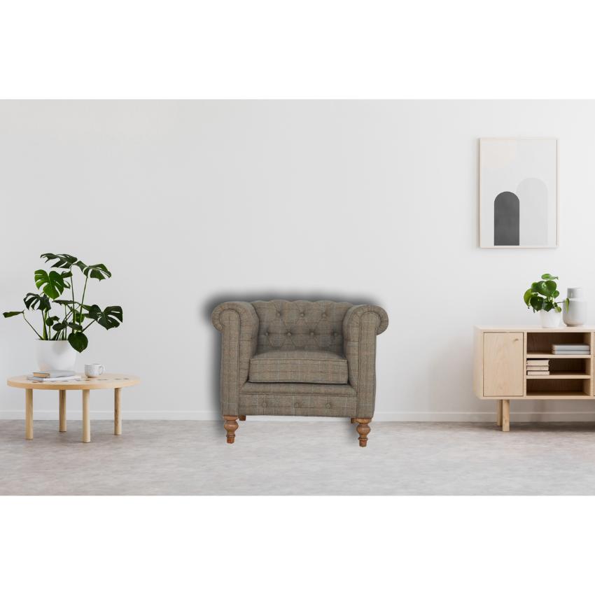 Chesterfield Armchair | Multi Tweed Fabric | Solid Mango Wood Legs | Country Style Lounge Chair