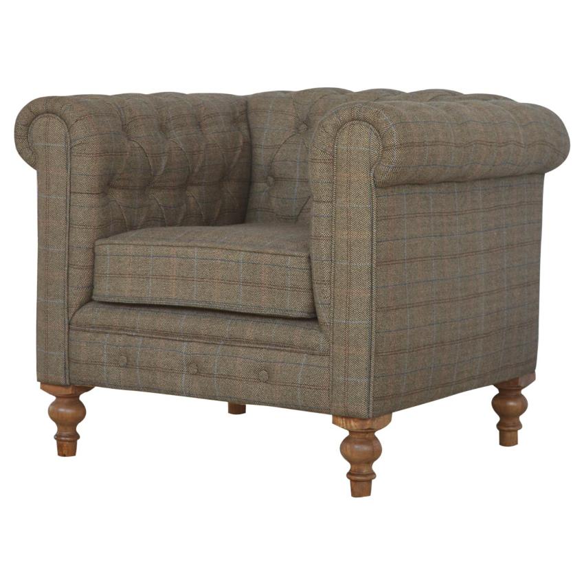 Chesterfield Armchair | Multi Tweed Fabric | Solid Mango Wood Legs | Country Style Lounge Chair