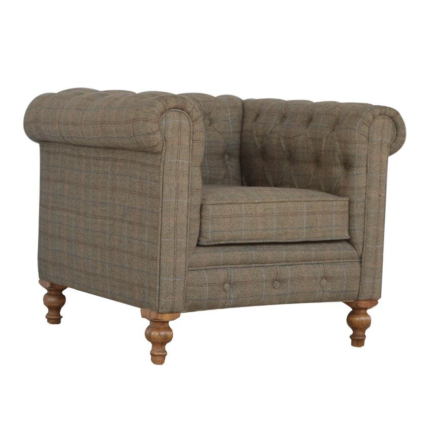 Chesterfield Armchair | Multi Tweed Fabric | Solid Mango Wood Legs | Country Style Lounge Chair