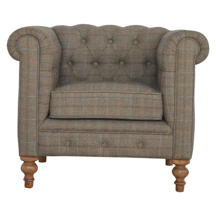 Chesterfield Armchair | Multi Tweed Fabric | Solid Mango Wood Legs | Country Style Lounge Chair