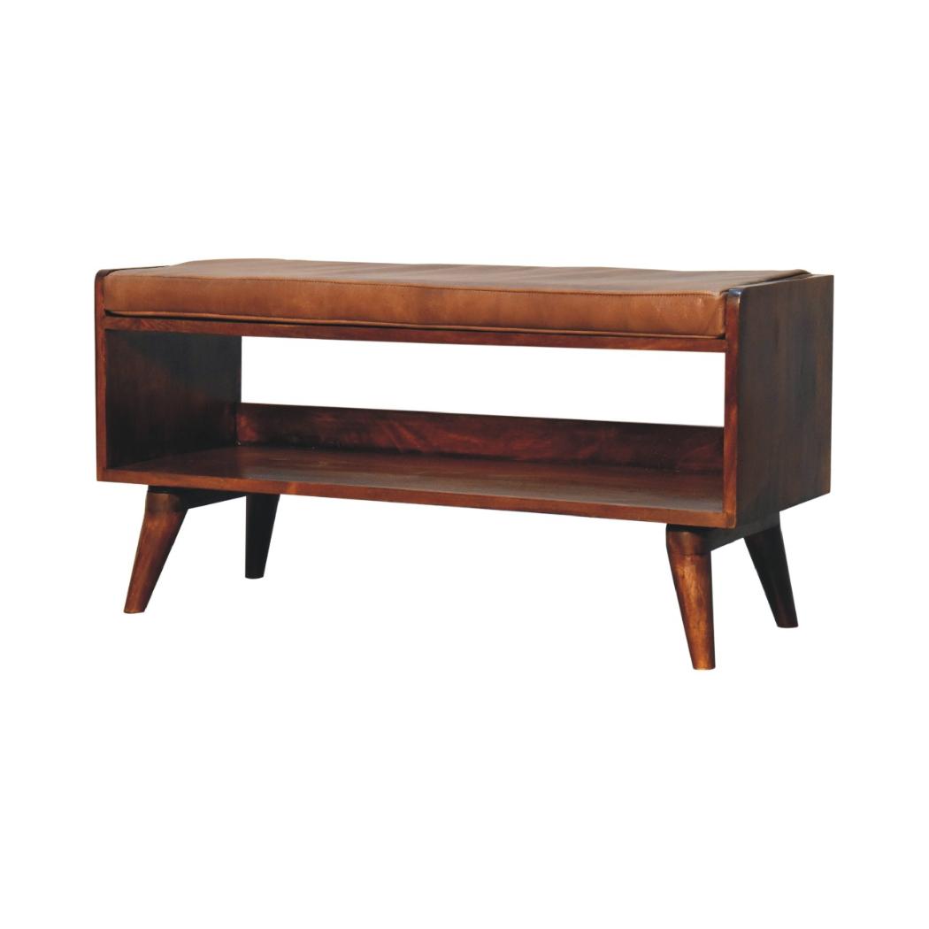 Chestnut Bench with Brown Leather Seatpad | Artisan-Crafted Design