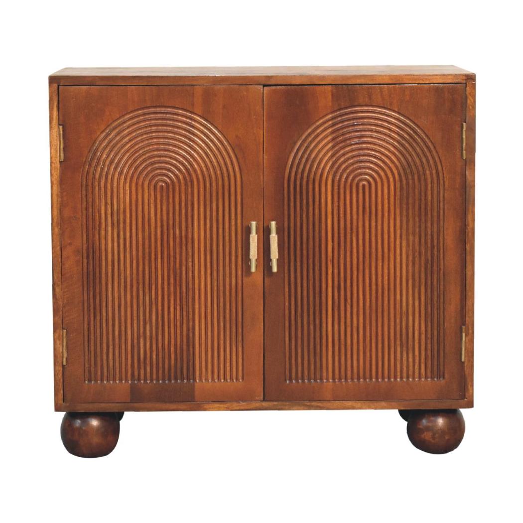 Chestnut Carved Ball Cabinet | Solid Mango Wood | Sculptural Ball Detail