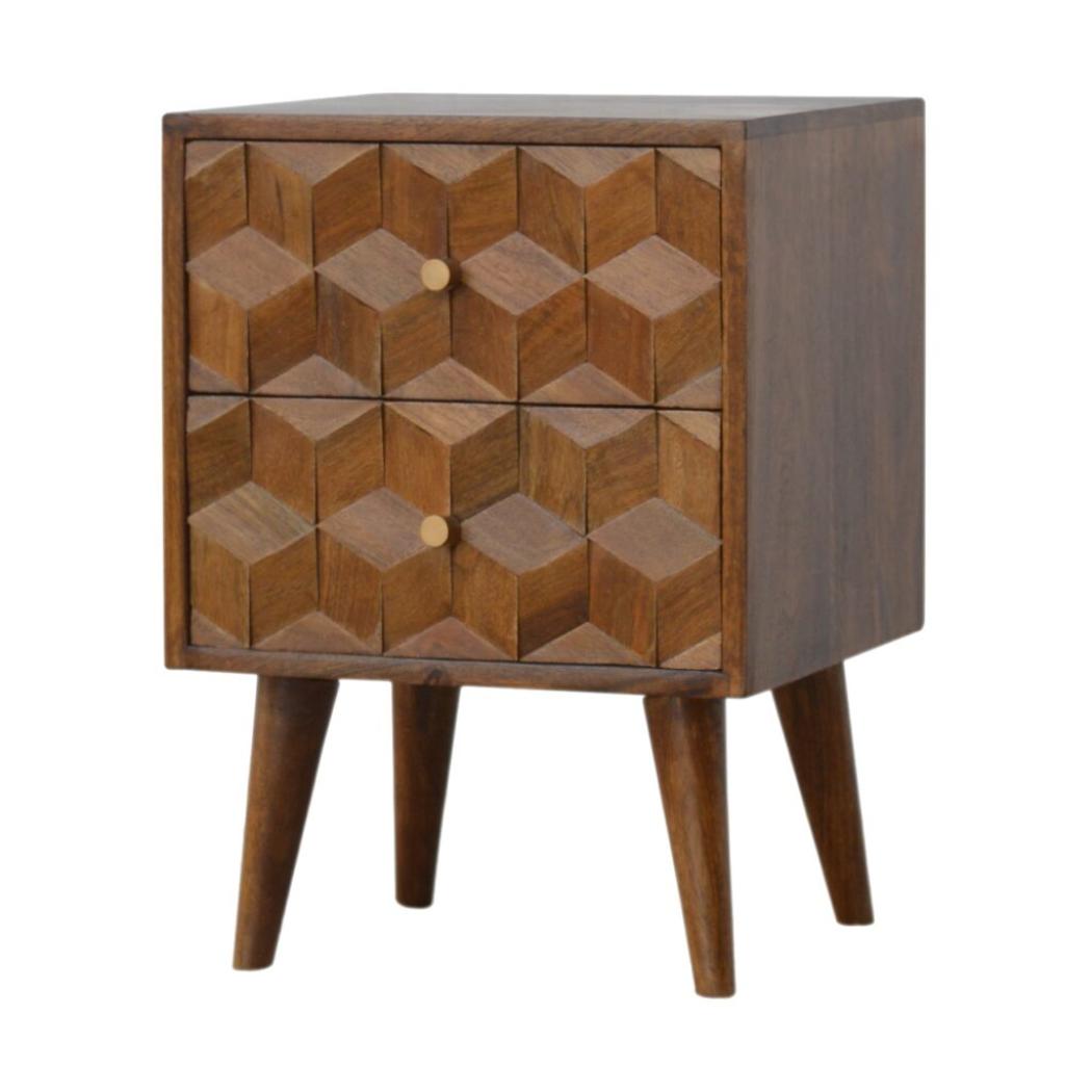 Chestnut Cube Carved Bedside Table | Distinctive Detail | Versatile Home Furniture