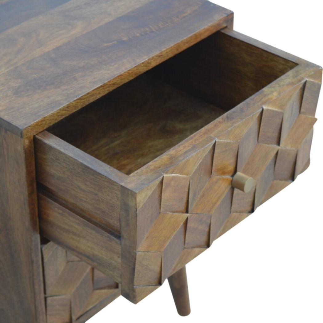 Chestnut Cube Carved Bedside Table | Distinctive Detail | Versatile Home Furniture