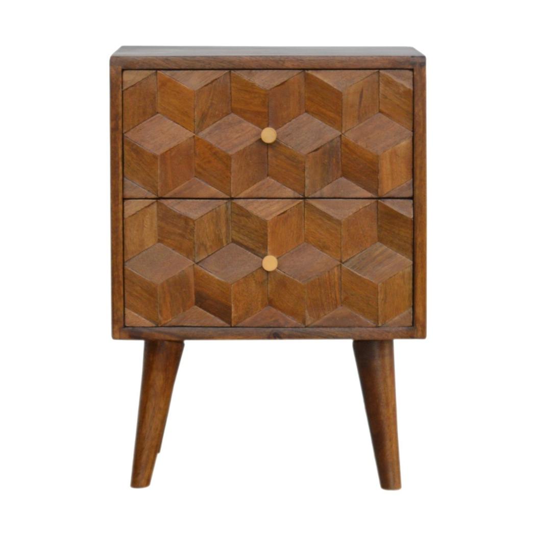 Chestnut Cube Carved Bedside Table | Distinctive Detail | Versatile Home Furniture