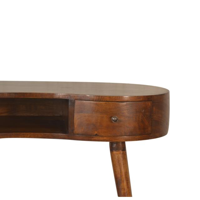 Chestnut Curved Writing Desk | Solid Mango Wood | 1 Drawer & Open Shelf