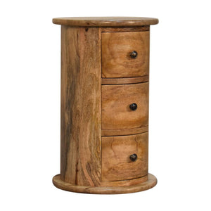 Chestnut Drum Chest | Solid Mango Wood | 3 Drawers | Compact Round Storage