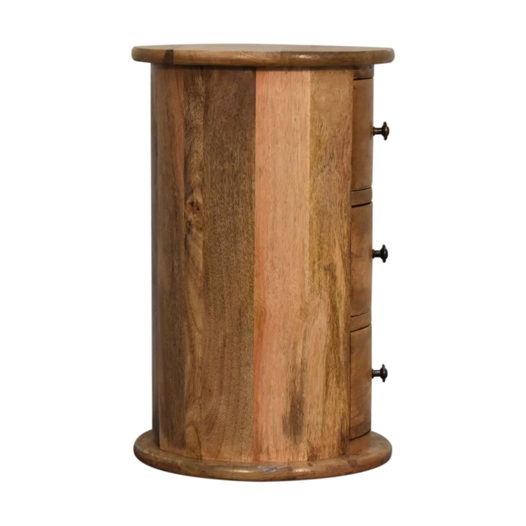 Chestnut Drum Chest | Solid Mango Wood | 3 Drawers | Compact Round Storage