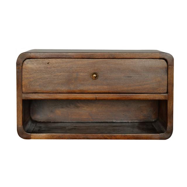 Chestnut Floating Bedside Cabinet | Solid Mango Wood | Drawer & Open Shelf