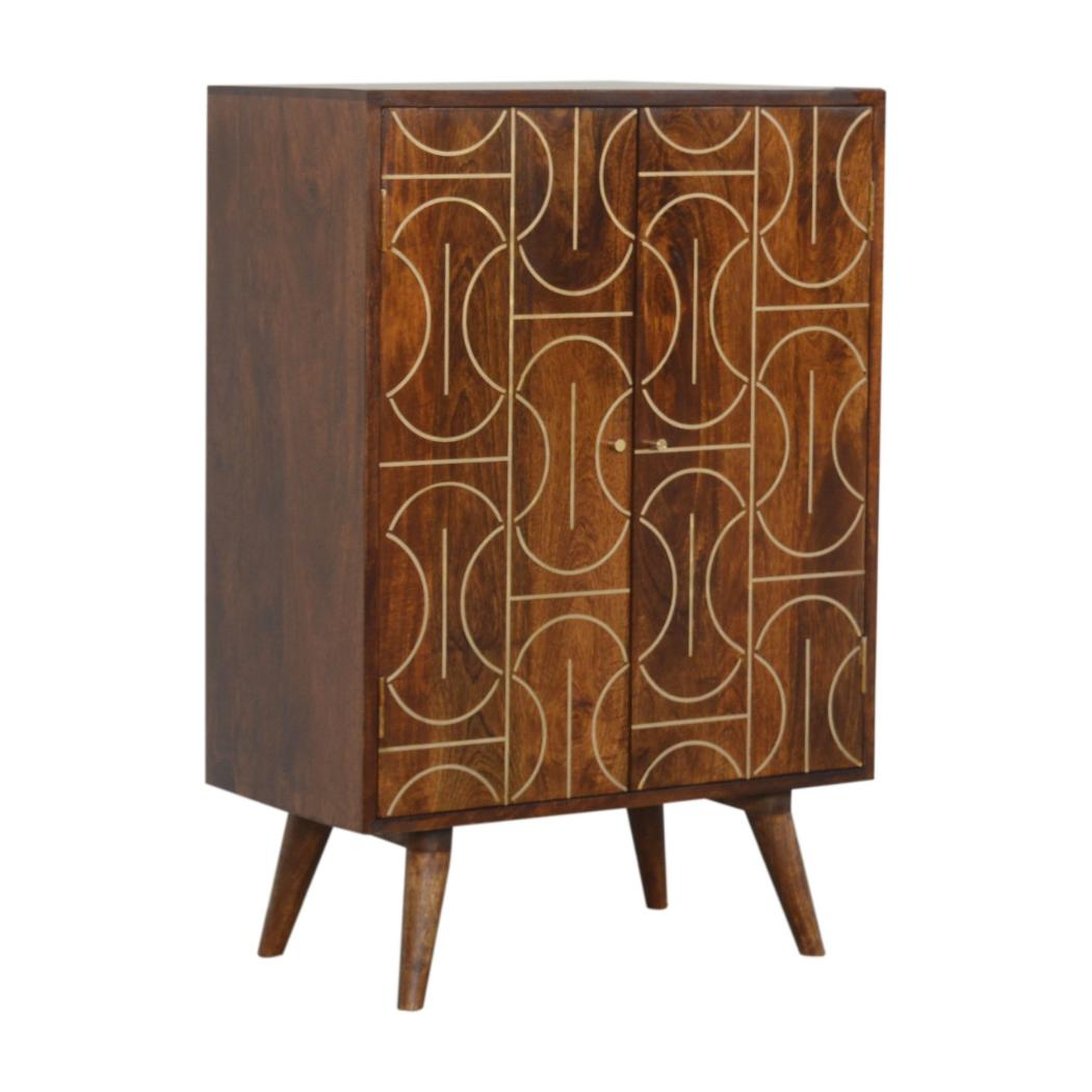 Chestnut Inlay Abstract Cabinet | Solid Mango Wood | Chestnut Finish | 2 Door Storage Cabinet