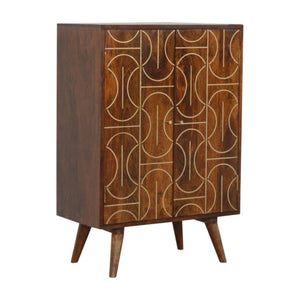 Chestnut Inlay Abstract Cabinet | Solid Mango Wood | Chestnut Finish | 2 Door Storage Cabinet