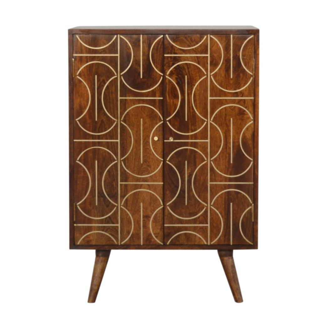 Chestnut Inlay Abstract Cabinet | Solid Mango Wood | Chestnut Finish | 2 Door Storage Cabinet