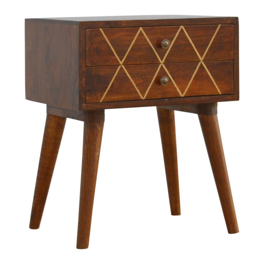 Chestnut Mango Wood Bedside Table | 2 Drawers | Geometric Brass Inlay